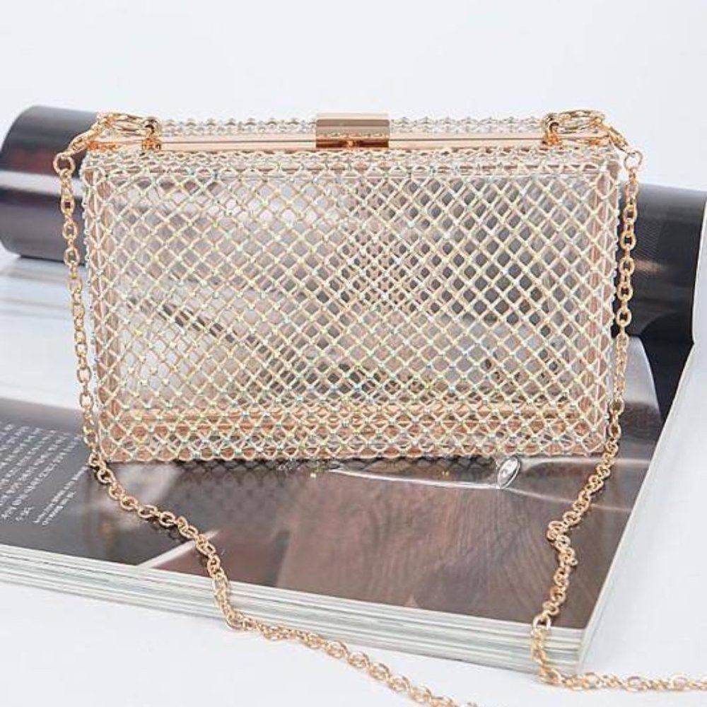 Dainty Gold Rhinestone Mesh Clutch